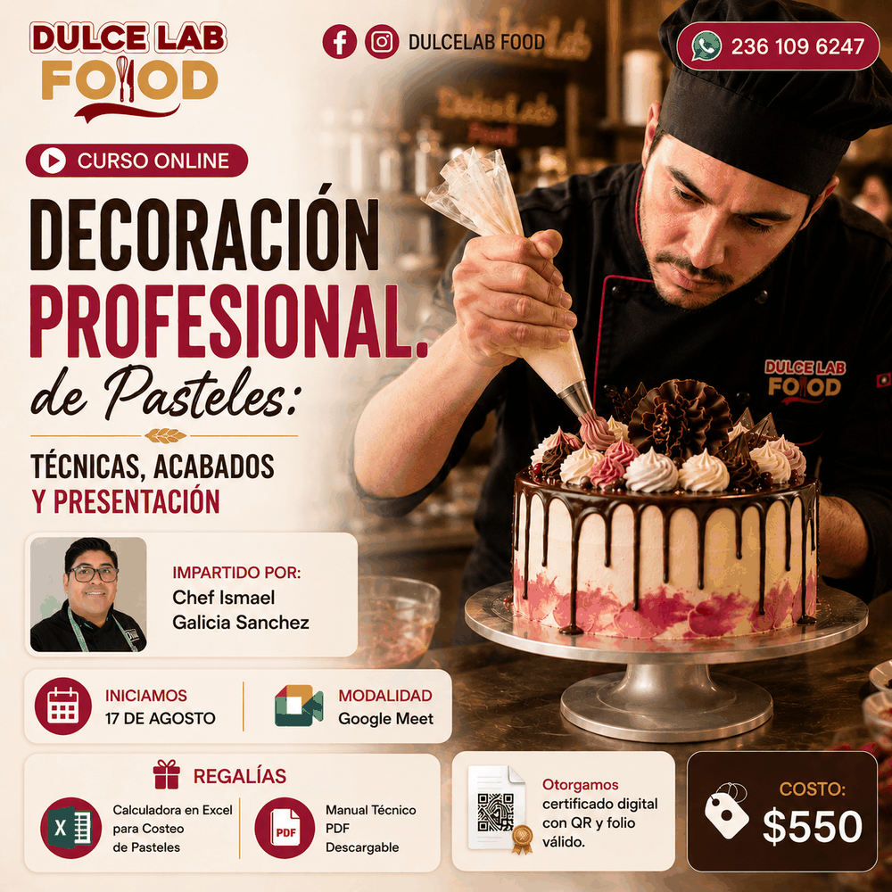 Flyer del curso Decoración Profesional de Pasteles: Técnicas, Acabados y Presentación