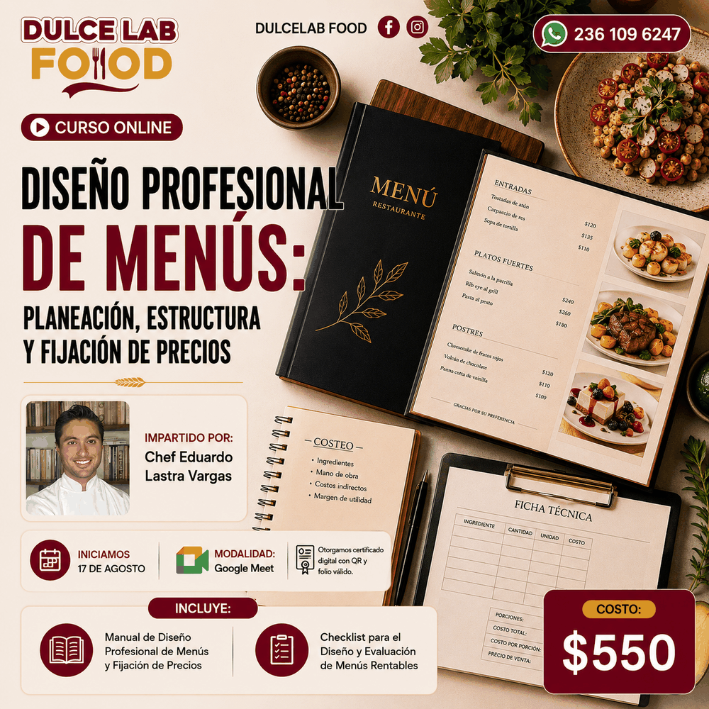 Flyer del curso Diseño Profesional de Menús: Planeación, Estructura y Fijación de Precios