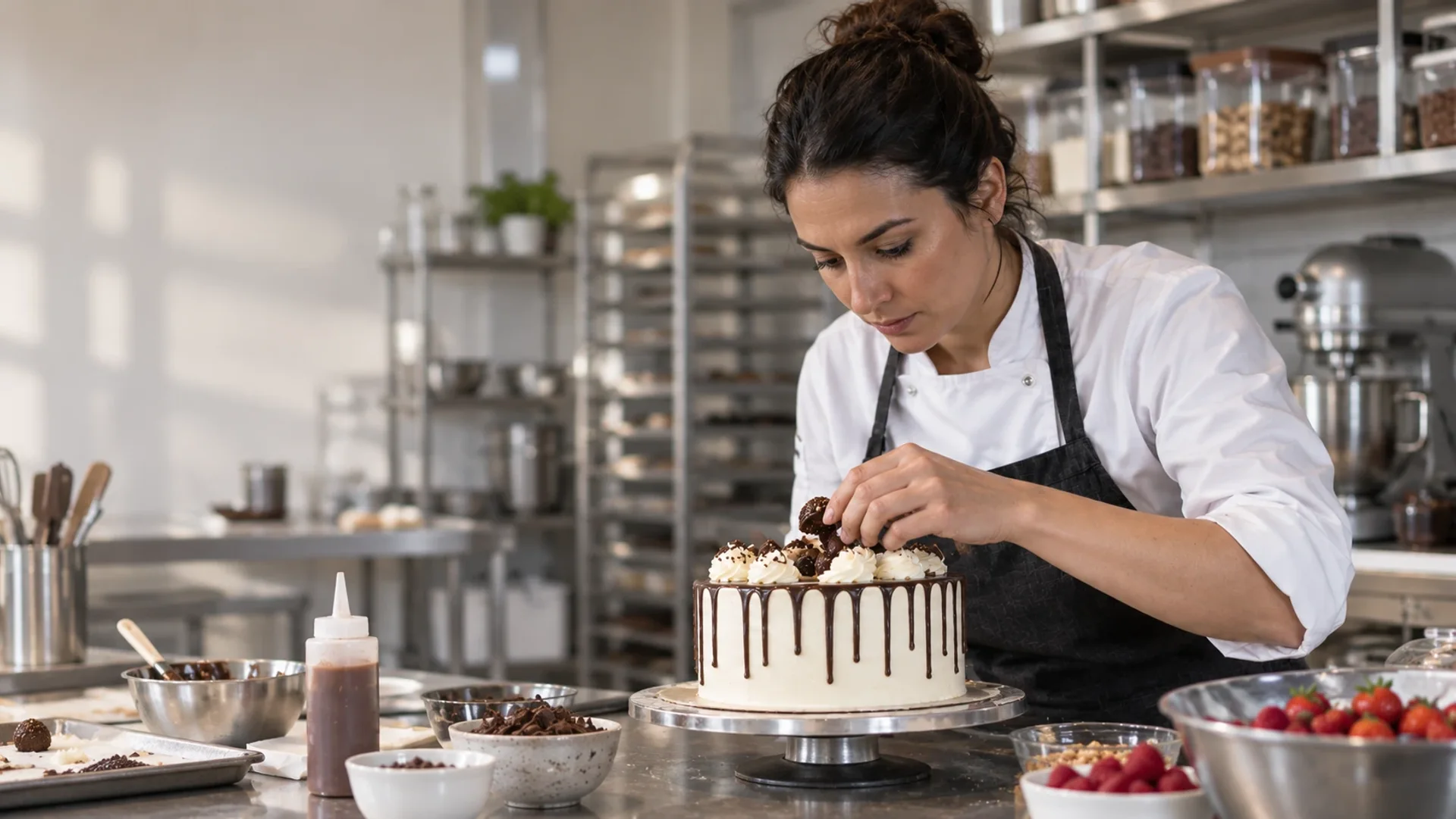 Chef decorando un pastel en una cocina profesional