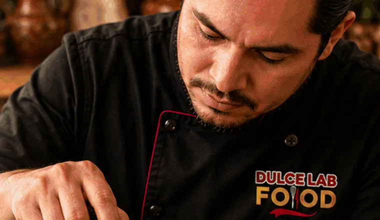 Chef preparando una salsa en molcajete
