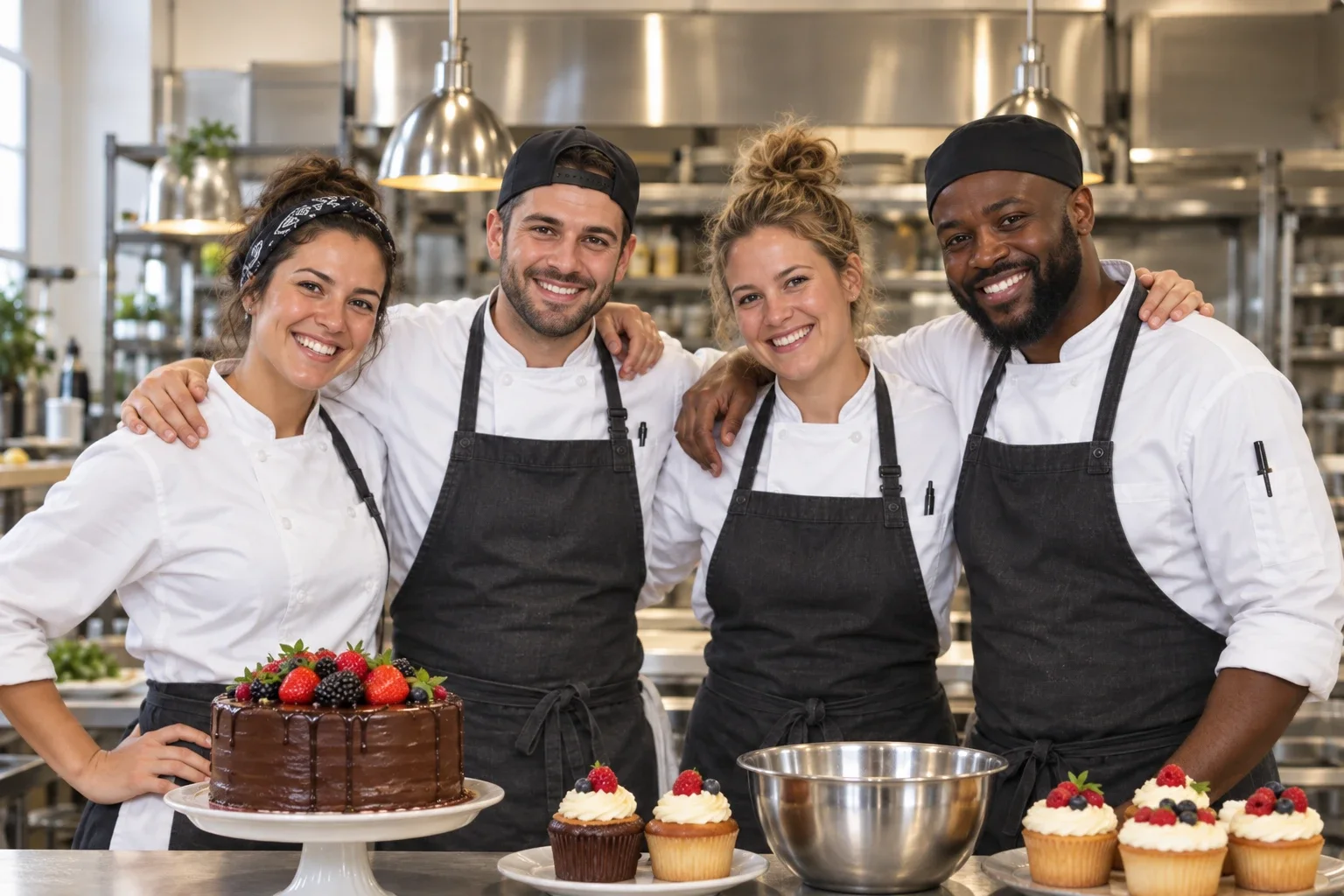 Equipo de chefs sonriendo en una cocina profesional con un pastel de chocolate y cupcakes